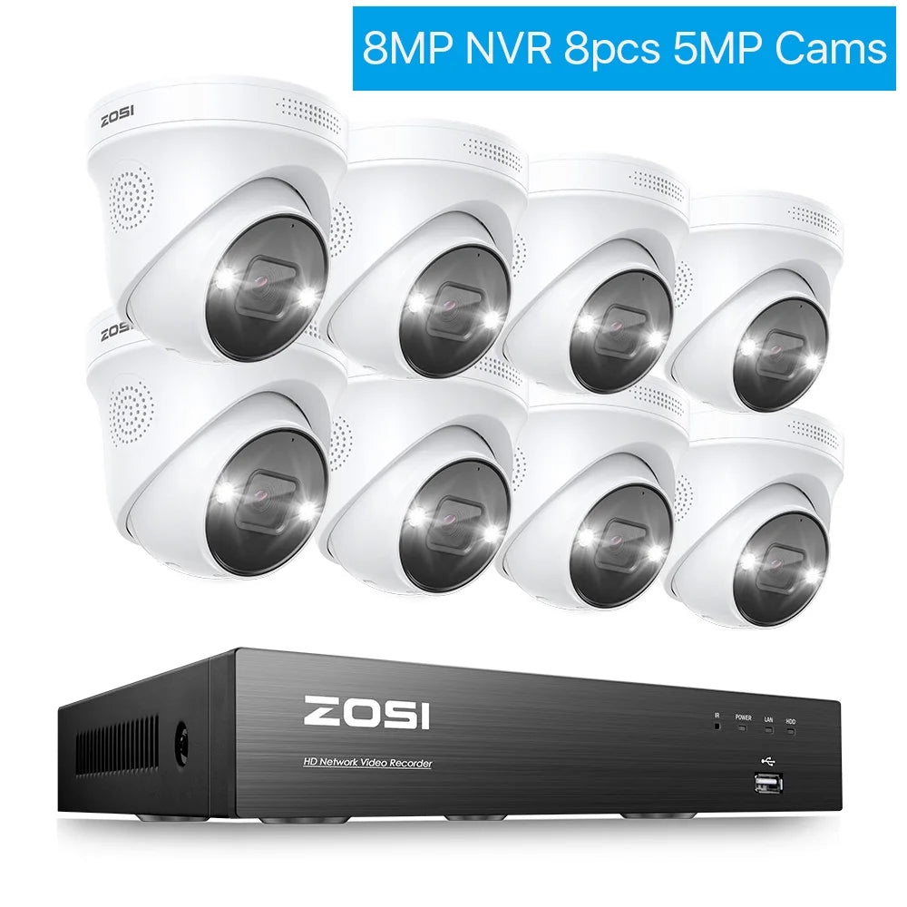 ZOSI 4K 8MP 5MP POE Video Surveillance Kit 8CH H.265 Home CCTV NVR Set Color Night Vision AI Detection IP Security Camera System