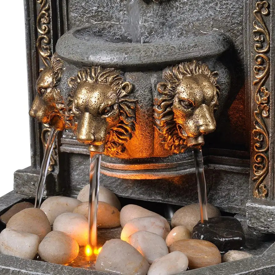 10.3 Inches Tall Tabletop Fountain Classic Lion Head Polyresin Indoor Zen Waterfall Fountain w Cobblestone Soothing Sounds for O