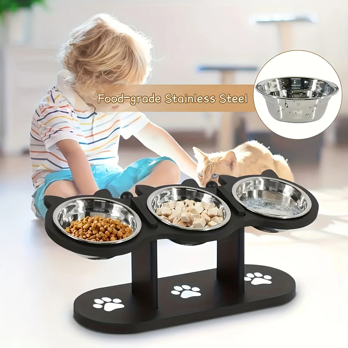 Elevated Cat Bowls 15° Tilted Raised Cat Food Bowls with Wooden Stand Anti Vomiting 3 Stainless Steel Bowls for Cats and Puppy