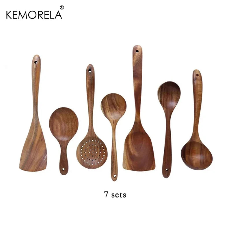 4/7/9PCS Wooden Spoons For Cooking Wooden Utensils For Cooking With Utensils Holder Teak Wooden Kitchen Utensils Set