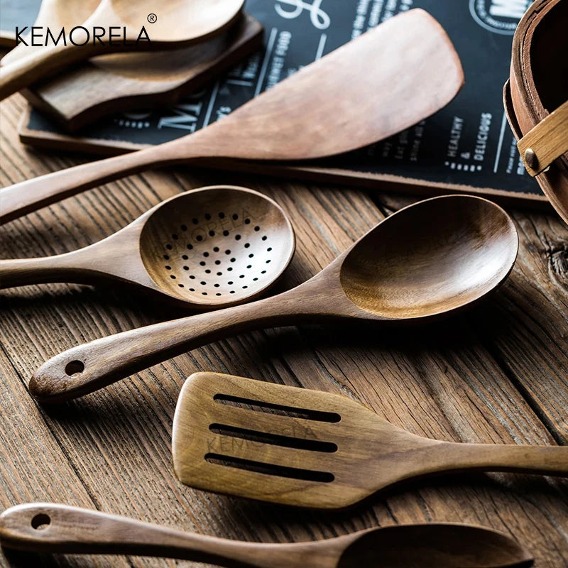 4/7/9PCS Wooden Spoons For Cooking Wooden Utensils For Cooking With Utensils Holder Teak Wooden Kitchen Utensils Set