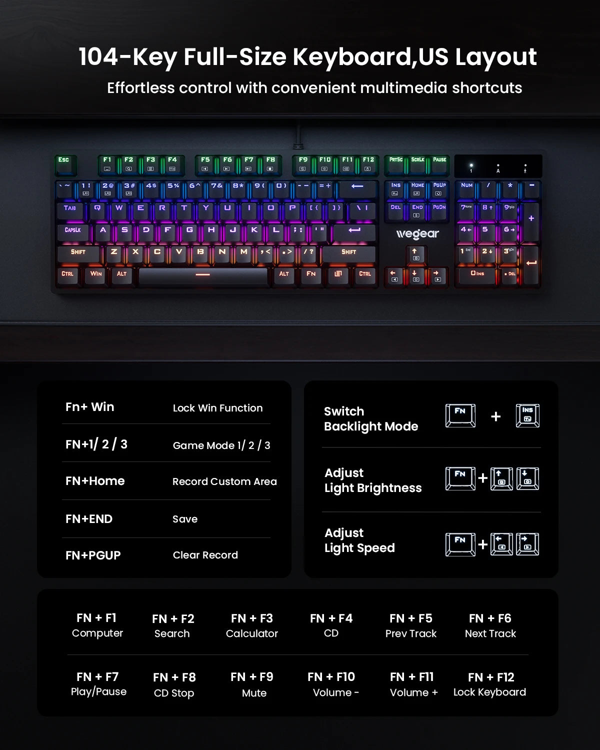 wegear Wired Gaming Mechanical Keyboard RGB Blue switches compatible with Win7/8/10/11 and XP ideal for PC laptop and desktop