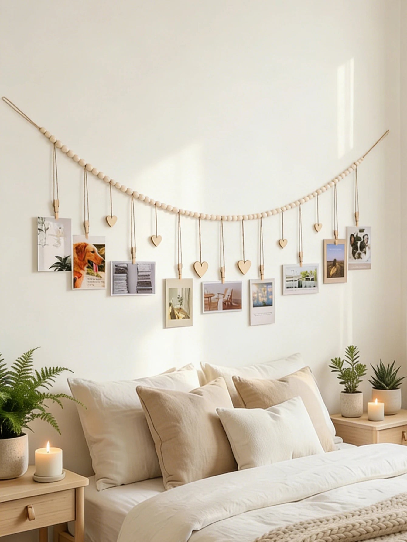 Wooden Bead Photo Garland with Heart Clips Wall Hanging Picture Display String Boho Home Bedroom Dorm Photo Holder Ornament Gift