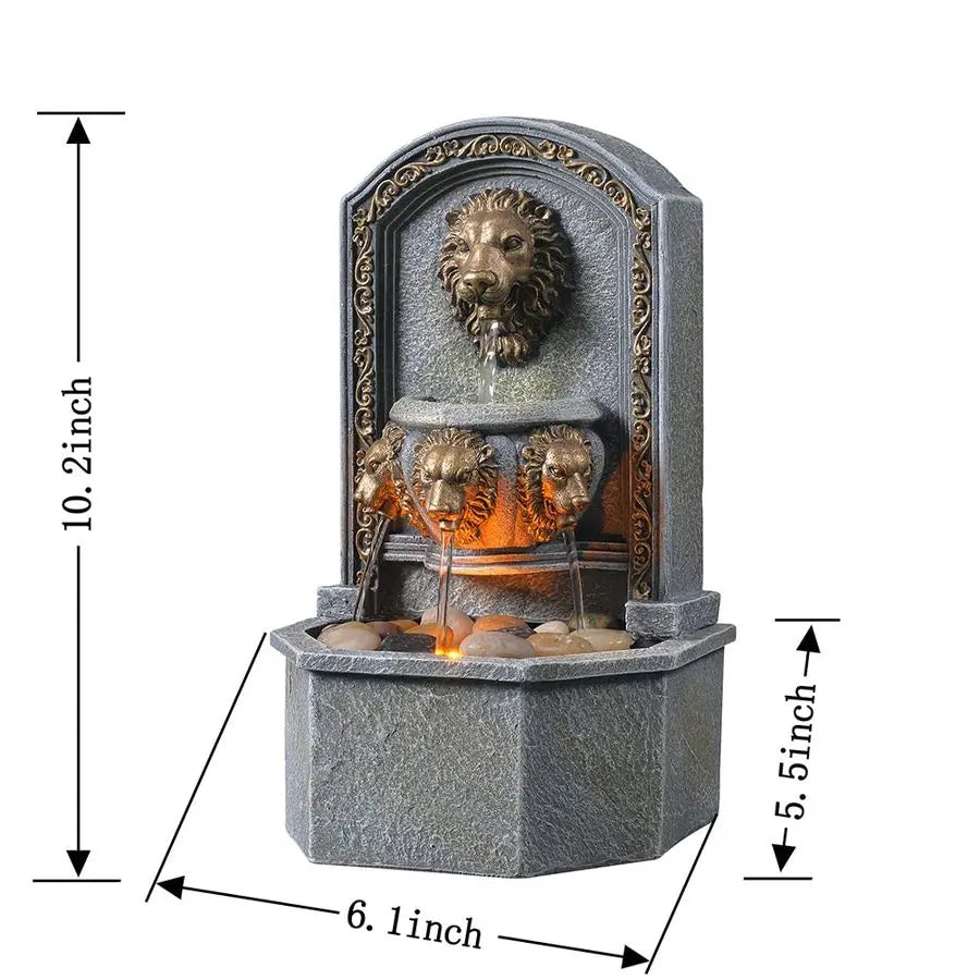 10.3 Inches Tall Tabletop Fountain Classic Lion Head Polyresin Indoor Zen Waterfall Fountain w Cobblestone Soothing Sounds for O