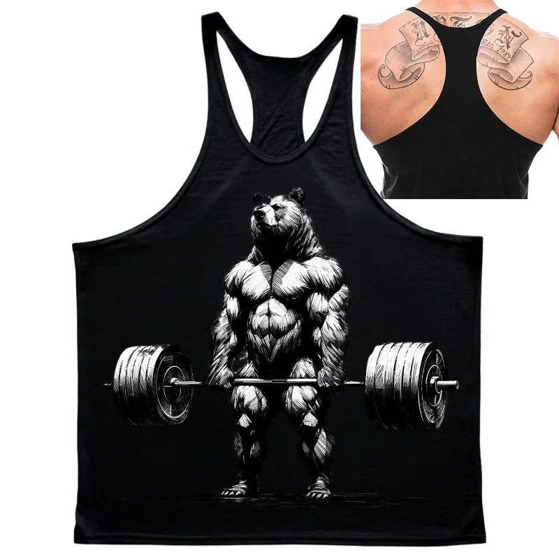 Fitness Bear Casual Vest for Men Simple Trend Printed Quick Dry Loose Gym Sleeve T-shirt Summer Fashion Sport Funny Tank
