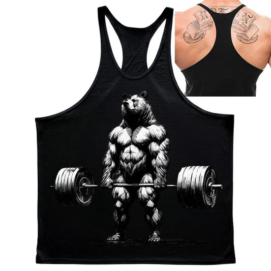 Fitness Bear Casual Vest for Men Simple Trend Printed Quick Dry Loose Gym Sleeve T-shirt Summer Fashion Sport Funny Tank