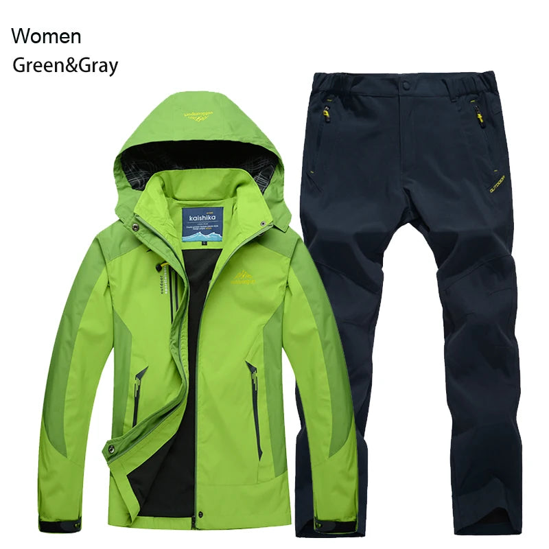 Outdoor Trekking Hiking Jacket and Pants Women Autumn Thermal Waterproof Windproof Hooded Jackets Trip Mountain Camping Sets