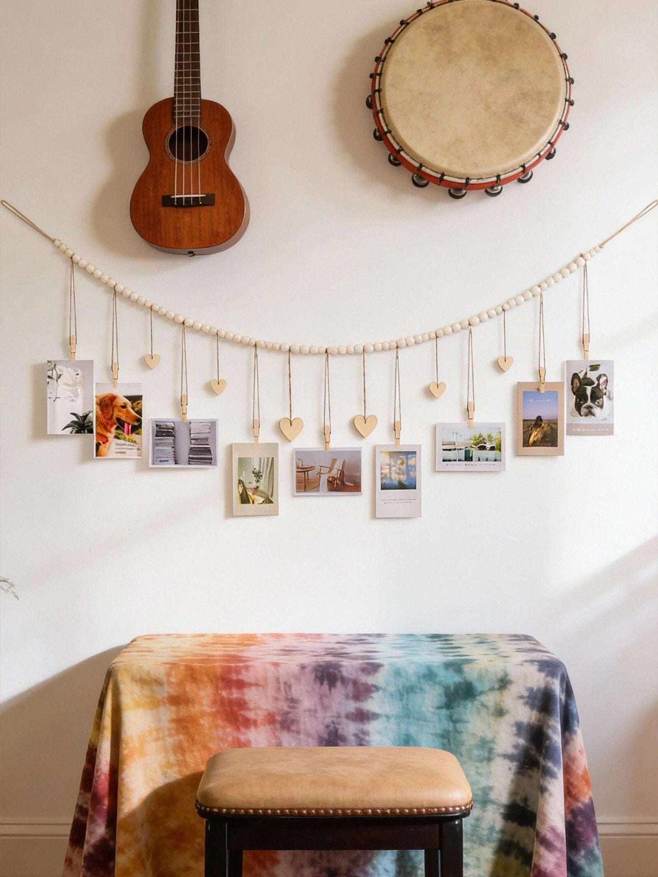 Wooden Bead Photo Garland with Heart Clips Wall Hanging Picture Display String Boho Home Bedroom Dorm Photo Holder Ornament Gift