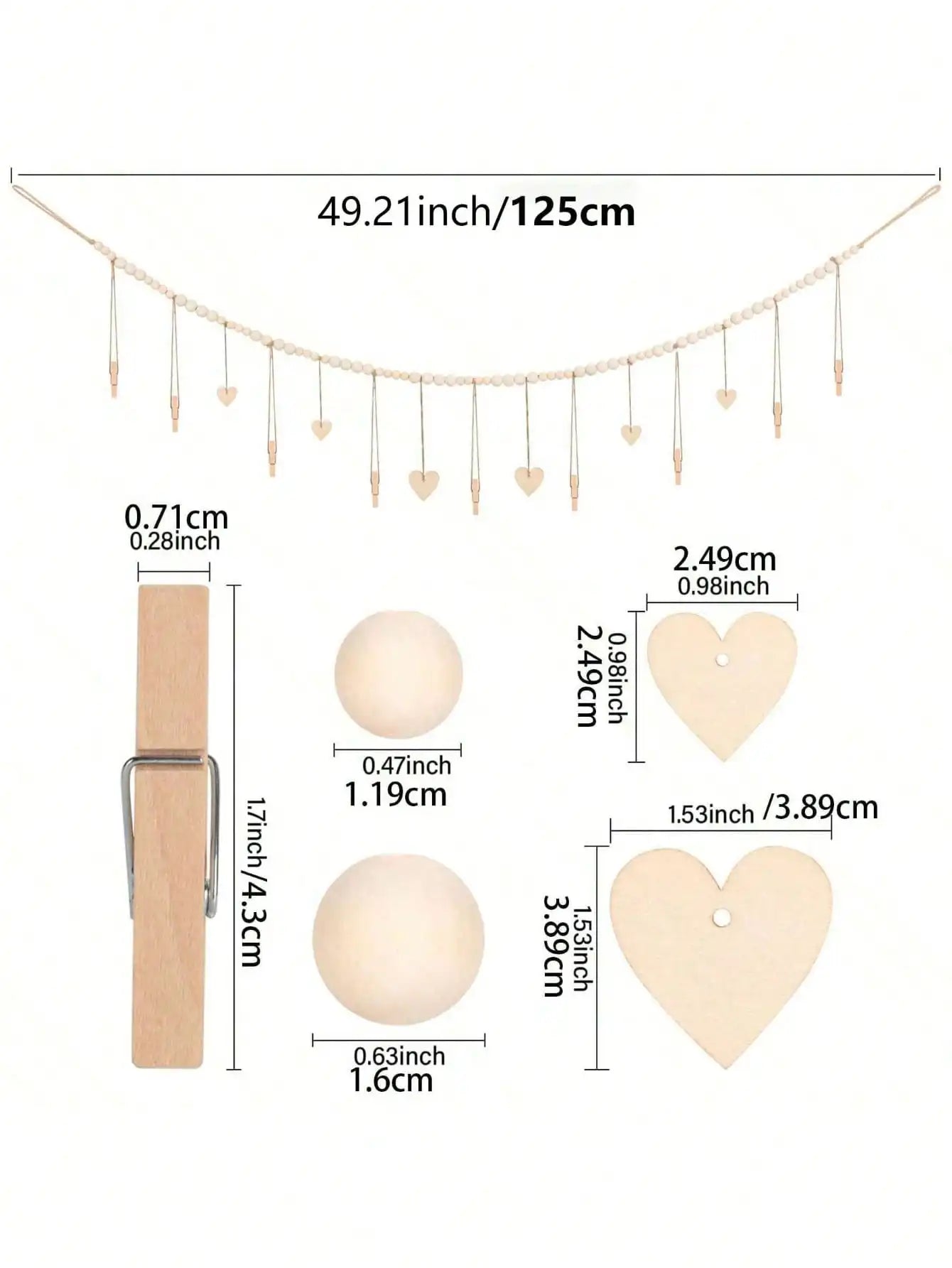 Wooden Bead Photo Garland with Heart Clips Wall Hanging Picture Display String Boho Home Bedroom Dorm Photo Holder Ornament Gift