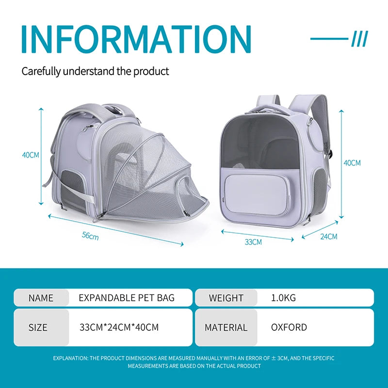 Expandable Cat Backpack Foldable Carrier Large Space Portable Breathable Pet Travel Bag for Outdoor Adventures