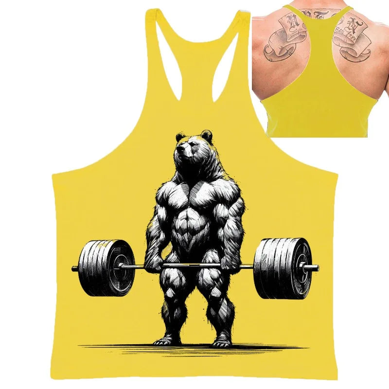 Fitness Bear Casual Vest for Men Simple Trend Printed Quick Dry Loose Gym Sleeve T-shirt Summer Fashion Sport Funny Tank