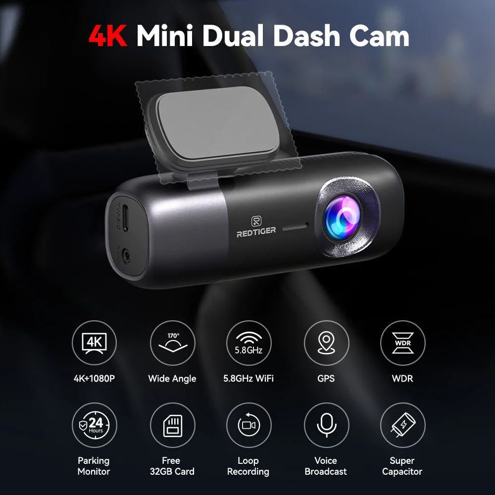 REDTIGER F9 Dash Cam 4K Front and Rear WiFi GPS Car Camera for Parking Mode 64GB Night Vision Car Recorder By App Control