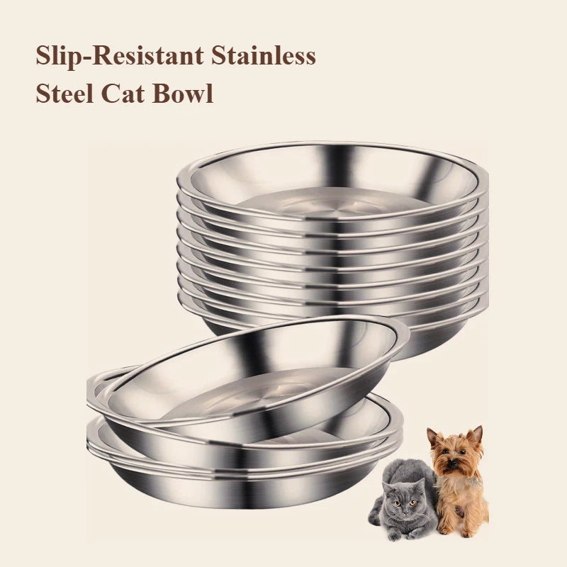 Slip-Resistant Stainless Steel Cat Bowl Set – Low-Profile Wide Design for Kittens & Small Pets Anti-Tip Base Feeding Station