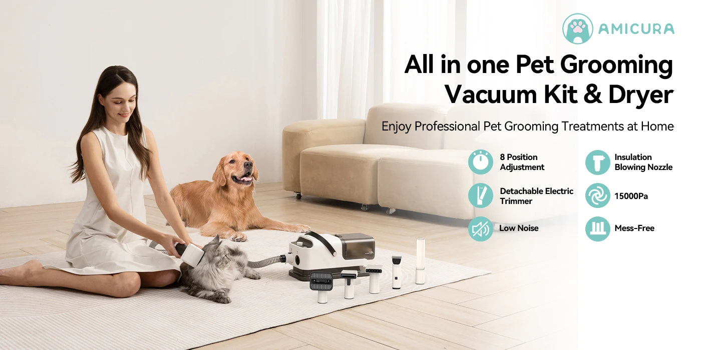 Amicura P1 Vacuum Cleaner & Hair Dryer 15kpa, Pet Grooming Set Adjustable Speed and Temperature, 5 Proven Care Tools Dog Clipper