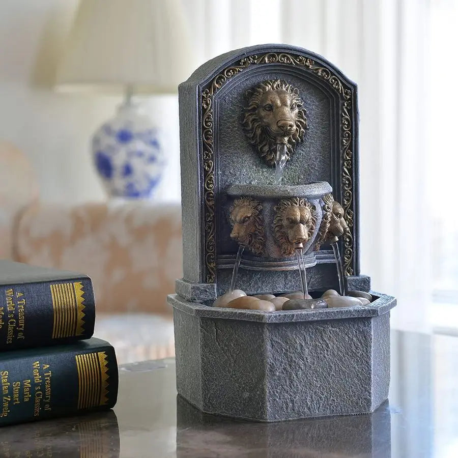 10.3 Inches Tall Tabletop Fountain Classic Lion Head Polyresin Indoor Zen Waterfall Fountain w Cobblestone Soothing Sounds for O