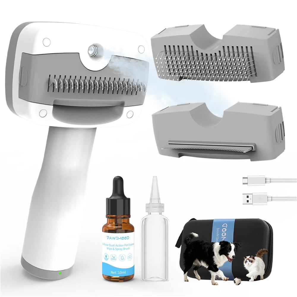PAWIMOOD 3 in 1 Pet Steam Brush for Dogs Cats Spray Hair Removal Comb Self Cleaning 3 Swap Heads Grooming Dematting Deshedding