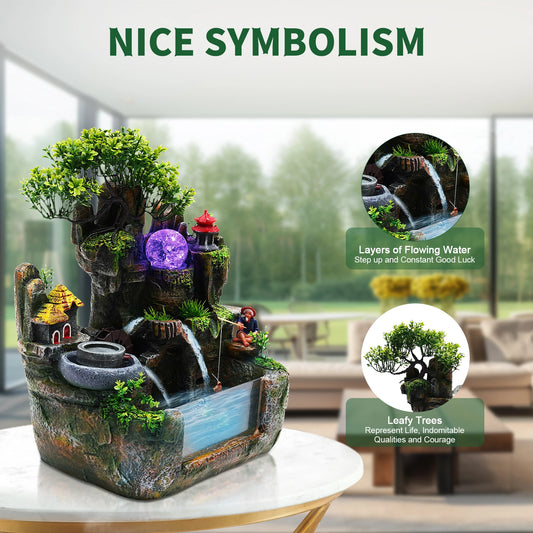 Tabletop Fountain with LED Lights, Atomizer, and Rockery Design, Durable Resin Build, Perfect for Home Décor and Stress Relief