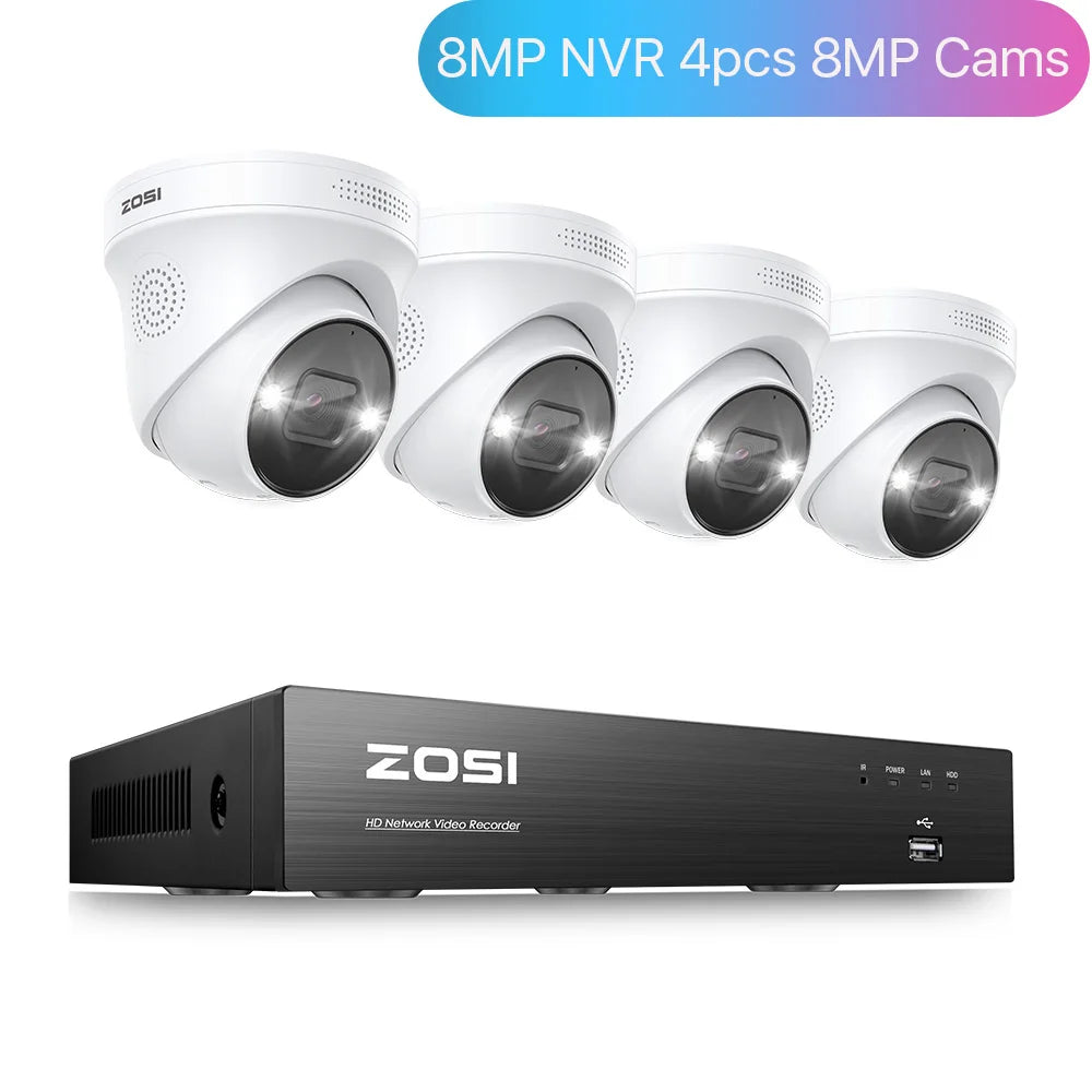 ZOSI 4K 8MP 5MP POE Video Surveillance Kit 8CH H.265 Home CCTV NVR Set Color Night Vision AI Detection IP Security Camera System