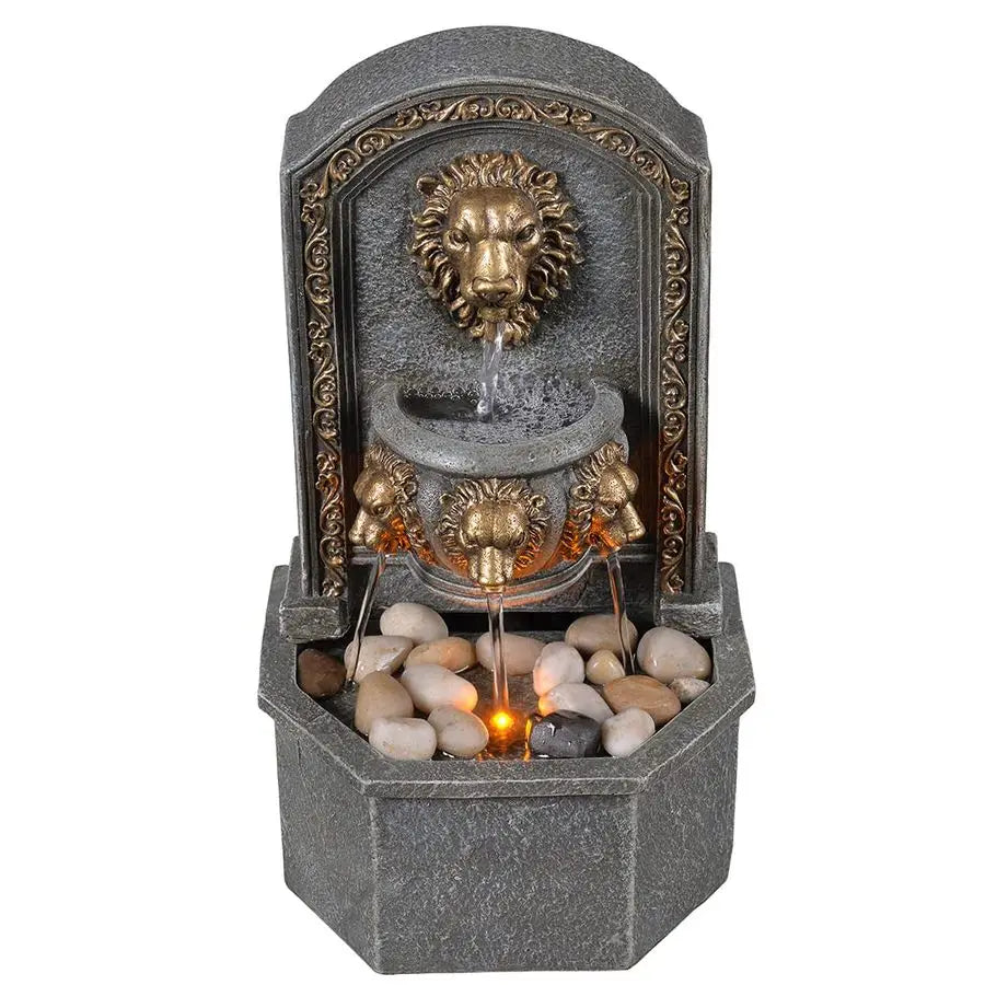 10.3 Inches Tall Tabletop Fountain Classic Lion Head Polyresin Indoor Zen Waterfall Fountain w Cobblestone Soothing Sounds for O