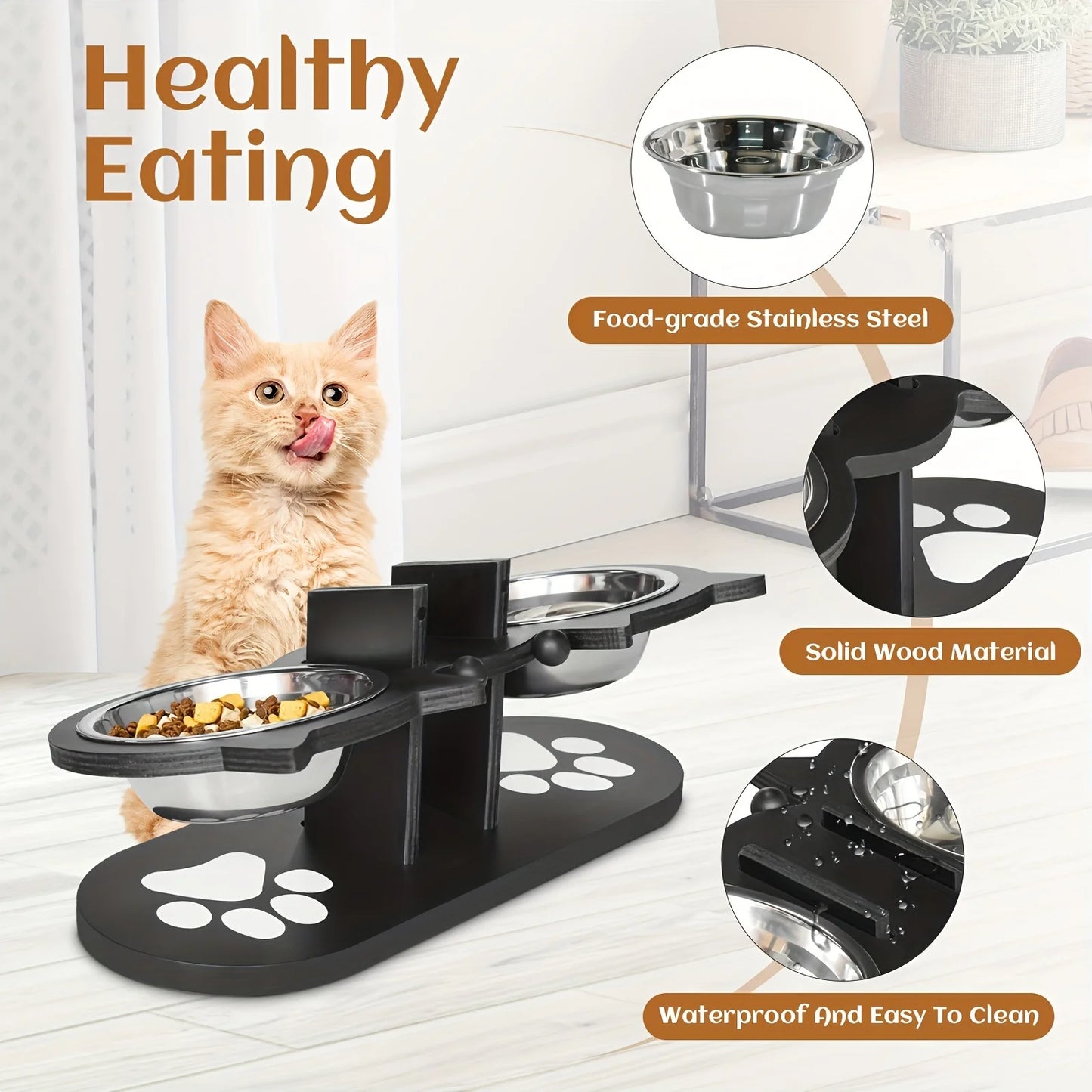 Elevated Cat Bowls 15° Tilted Raised Cat Food Bowls with Wooden Stand Anti Vomiting 3 Stainless Steel Bowls for Cats and Puppy