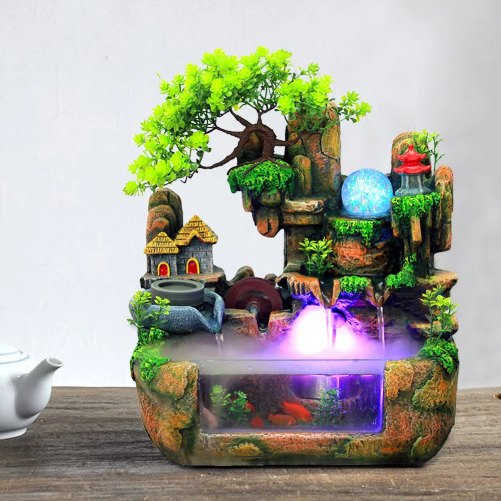 Tabletop Fountain with LED Lights, Atomizer, and Rockery Design, Durable Resin Build, Perfect for Home Décor and Stress Relief