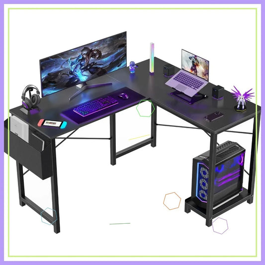 L-Shaped Gaming Desk with CPU Stand and Storage Bag, Black, 50-Inch for Home Office Dorm
