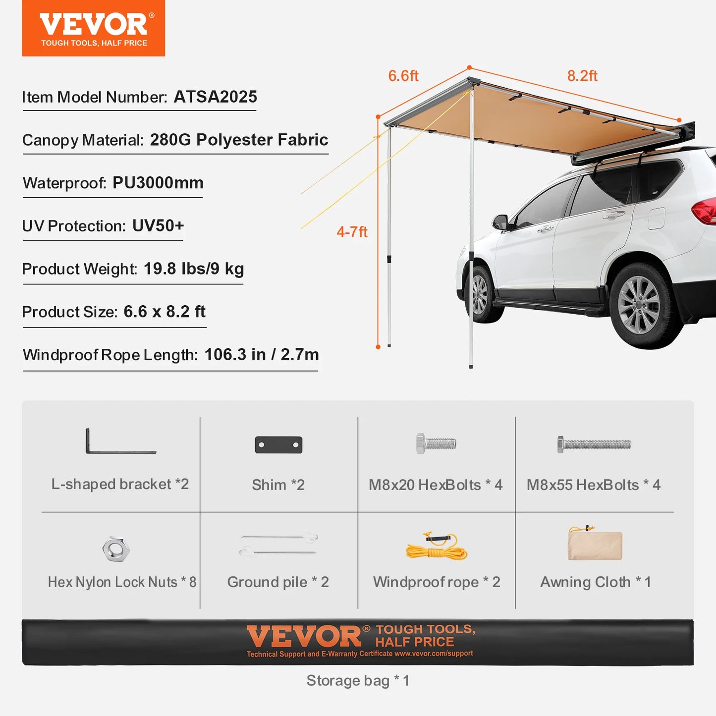 SucceBuy Vehicle Awning  Retractable Car Side Awning Car Awning with Waterproof Storage Bag  Suitable for Truck SUV Van Campers