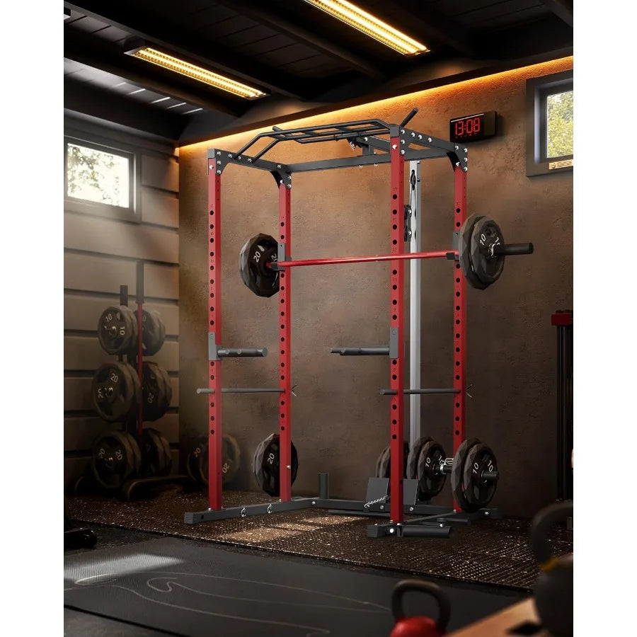 Power Cage Power Racks for Home Gym with Pulley System 1200LBS Weight Capacity MultiFunctional Squat Rack for Strength Workout