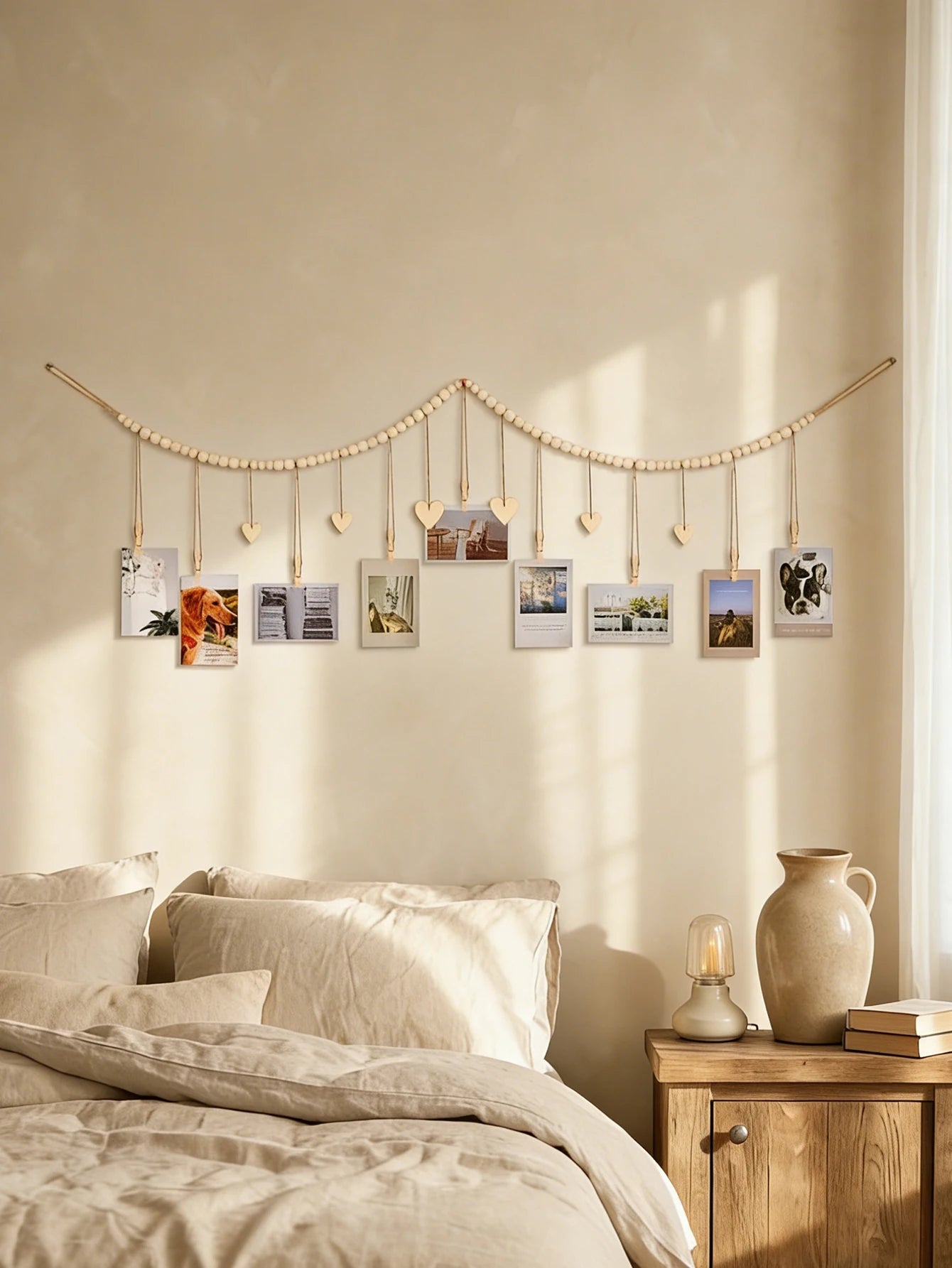 Wooden Bead Photo Garland with Heart Clips Wall Hanging Picture Display String Boho Home Bedroom Dorm Photo Holder Ornament Gift