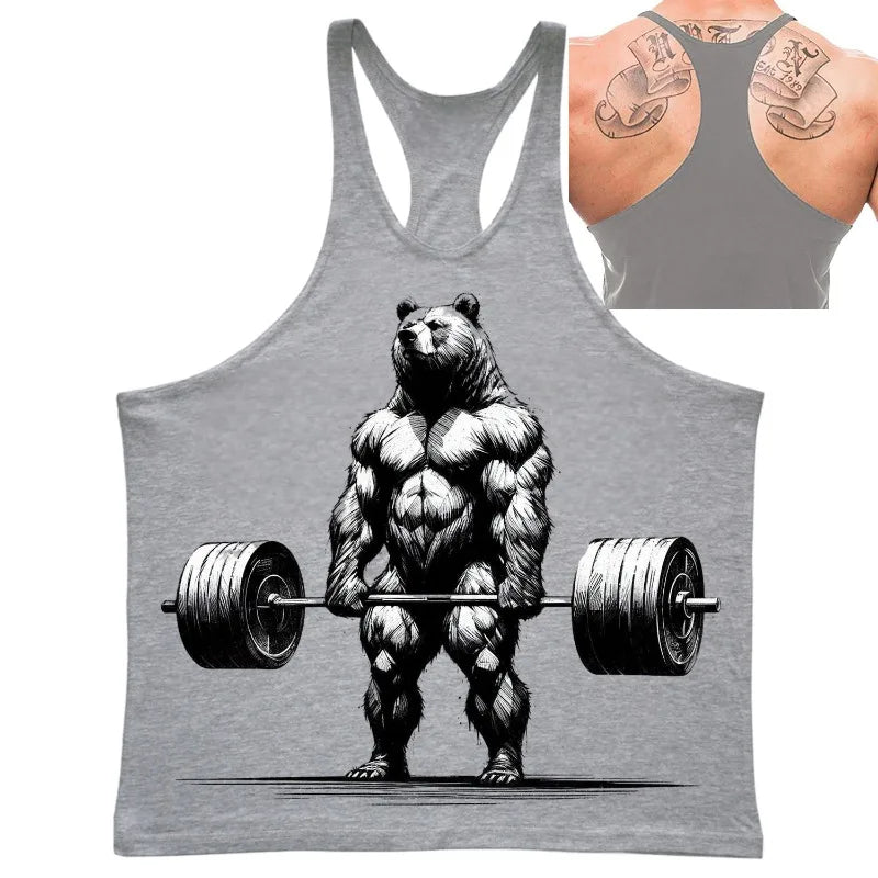 Fitness Bear Casual Vest for Men Simple Trend Printed Quick Dry Loose Gym Sleeve T-shirt Summer Fashion Sport Funny Tank