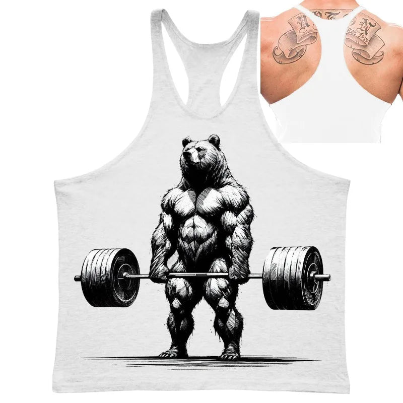 Fitness Bear Casual Vest for Men Simple Trend Printed Quick Dry Loose Gym Sleeve T-shirt Summer Fashion Sport Funny Tank