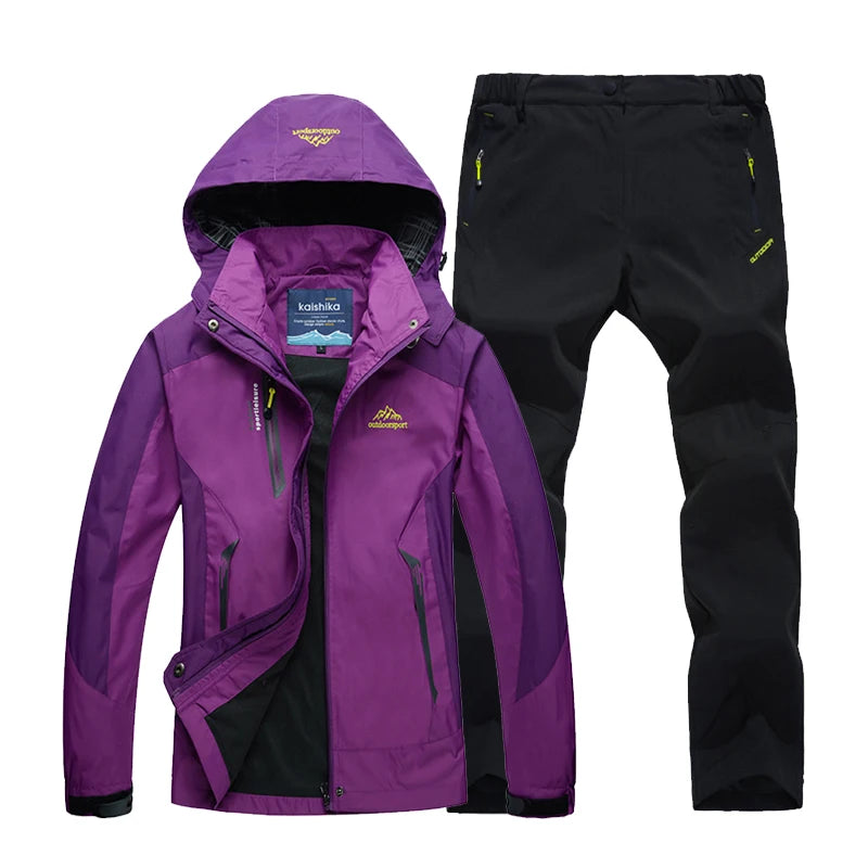 Outdoor Trekking Hiking Jacket and Pants Women Autumn Thermal Waterproof Windproof Hooded Jackets Trip Mountain Camping Sets