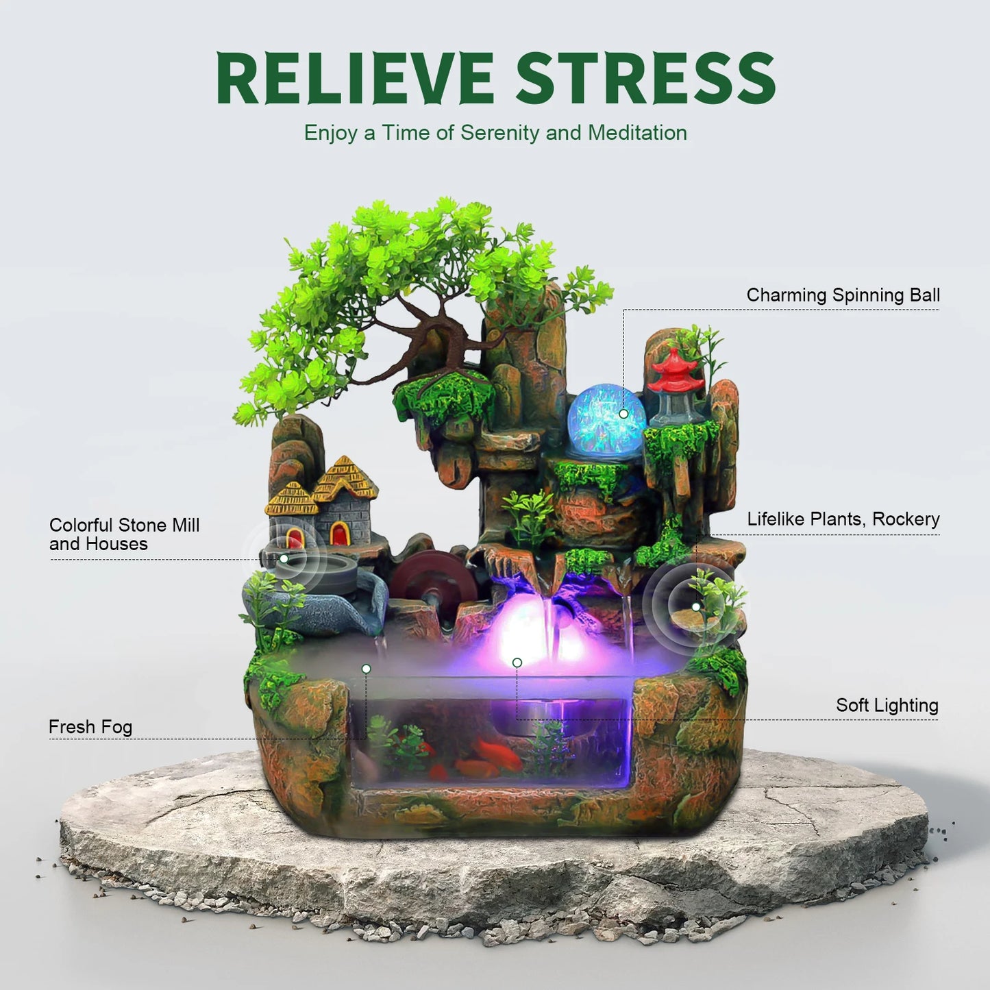 Tabletop Fountain with LED Lights, Atomizer, and Rockery Design, Durable Resin Build, Perfect for Home Décor and Stress Relief