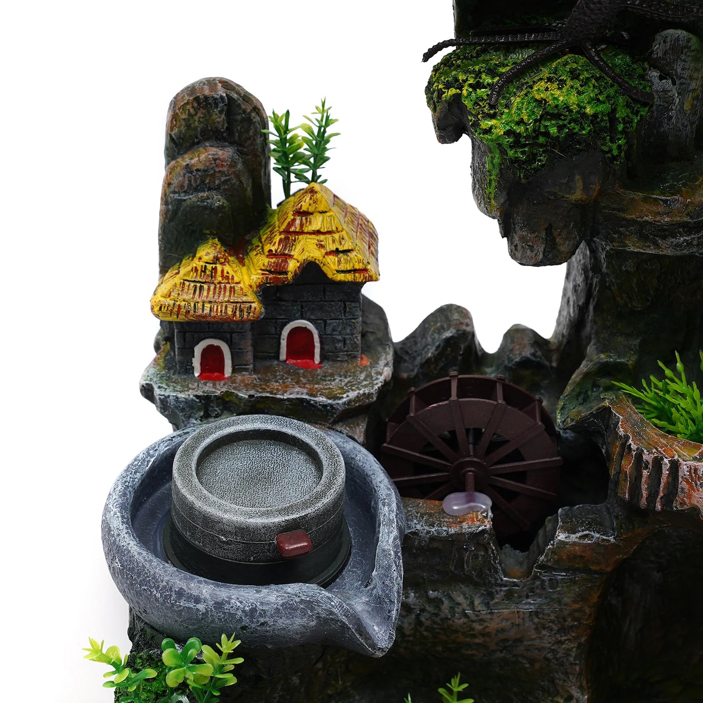 Tabletop Fountain with LED Lights, Atomizer, and Rockery Design, Durable Resin Build, Perfect for Home Décor and Stress Relief
