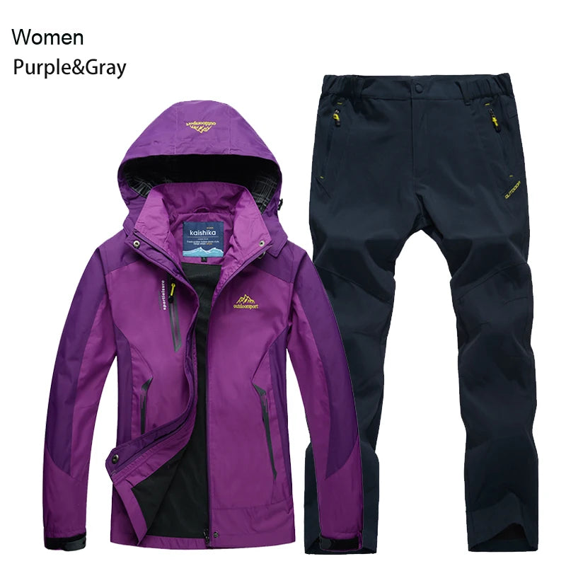 Outdoor Trekking Hiking Jacket and Pants Women Autumn Thermal Waterproof Windproof Hooded Jackets Trip Mountain Camping Sets