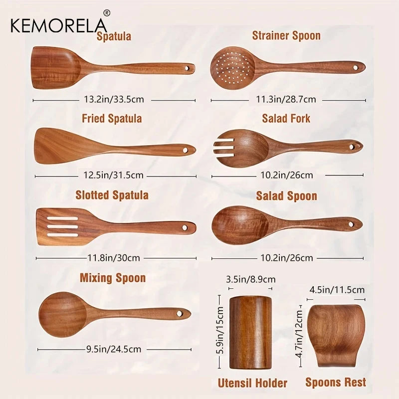 4/7/9PCS Wooden Spoons For Cooking Wooden Utensils For Cooking With Utensils Holder Teak Wooden Kitchen Utensils Set